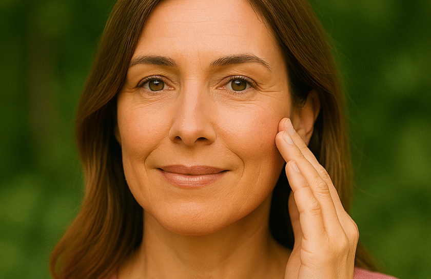 Mujer serena en paisaje verde